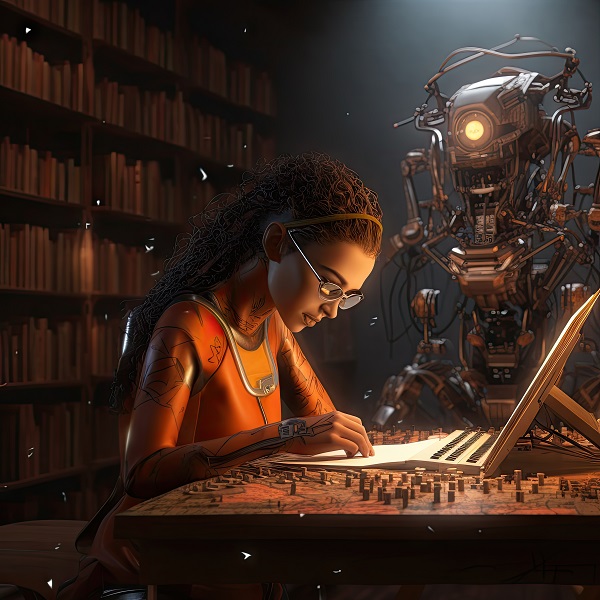 SciFI Author working with a robot looking on.